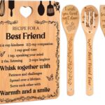 Yellow Apjielop bamboo cutting board with "Recipe for a best friend" engraving, alongside bamboo spatulas and spoons.