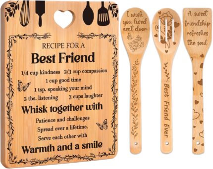 Yellow Apjielop bamboo cutting board with "Recipe for a best friend" engraving, alongside bamboo spatulas and spoons.