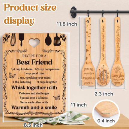 Yellow Apjielop bamboo cutting board with "Recipe for a best friend" engraving, alongside bamboo spatulas and spoons.
