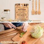 Yellow Apjielop bamboo cutting board with "Recipe for a best friend" engraving, alongside bamboo spatulas and spoons.