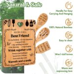 Yellow Apjielop bamboo cutting board with "Recipe for a best friend" engraving, alongside bamboo spatulas and spoons.