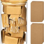 AW BRIDAL "I Love You Because" memory jar with a bamboo lid and 50 blank kraft paper love notes spilling out.