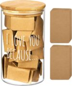 AW BRIDAL "I Love You Because" memory jar with a bamboo lid and 50 blank kraft paper love notes spilling out.
