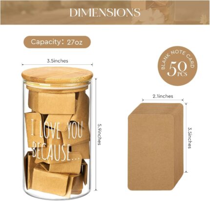 AW BRIDAL "I Love You Because" memory jar with a bamboo lid and 50 blank kraft paper love notes spilling out.