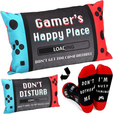 Rectangular red and black gamer throw pillow cover with a pair of red and white anti-skid gaming socks.