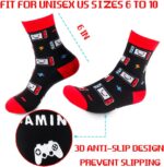 Rectangular red and black gamer throw pillow cover with a pair of red and white anti-skid gaming socks.