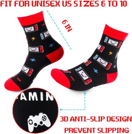 Rectangular red and black gamer throw pillow cover with a pair of red and white anti-skid gaming socks.