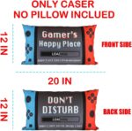 Rectangular red and black gamer throw pillow cover with a pair of red and white anti-skid gaming socks.