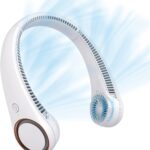 A white CIVPOWER bladeless neck fan worn around a person's neck, appearing like headphones, providing hands-free cooling.