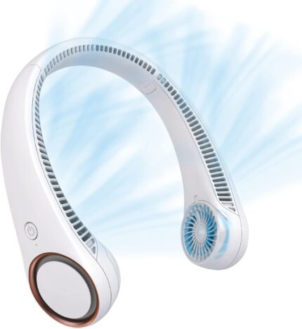 A white CIVPOWER bladeless neck fan worn around a person's neck, appearing like headphones, providing hands-free cooling.
