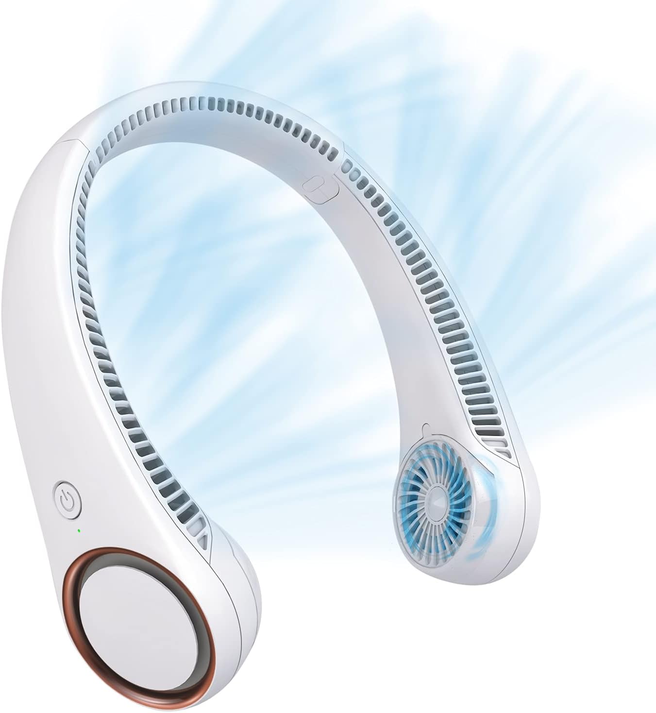 civpower-bladeless-neck-fan-portable-rechargeable-4000mah-for-hands-free-cooling-white-01 A white CIVPOWER bladeless neck fan worn around a person's neck, appearing like headphones, providing hands-free cooling.