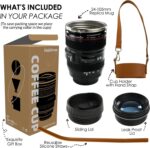 Black camera lens coffee mug with a cup sleeve and silicone straw, showcasing its unique design and accessories.