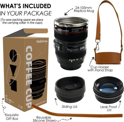 Black camera lens coffee mug with a cup sleeve and silicone straw, showcasing its unique design and accessories.