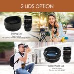 Black camera lens coffee mug with a cup sleeve and silicone straw, showcasing its unique design and accessories.