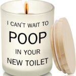 Frosted white jar candle with humorous text "I CAN'T WAIT TO POOP IN YOUR NEW TOILET" and a lit wick, on a neutral background