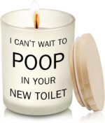 Frosted white jar candle with humorous text "I CAN'T WAIT TO POOP IN YOUR NEW TOILET" and a lit wick, on a neutral background
