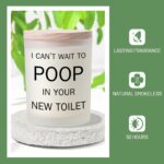 Frosted white jar candle with humorous text "I CAN'T WAIT TO POOP IN YOUR NEW TOILET" and a lit wick, on a neutral background