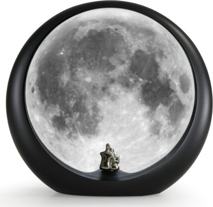 mamre Super Moon Lamp glowing softly, featuring a romantic couple silhouette under a full moon, with included decorative stic