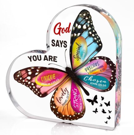 Heart-shaped clear acrylic plaque with a vintage butterfly design and an inspirational Christian quote for women.