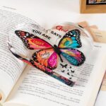 Heart-shaped clear acrylic plaque with a vintage butterfly design and an inspirational Christian quote for women.