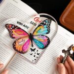 Heart-shaped clear acrylic plaque with a vintage butterfly design and an inspirational Christian quote for women.