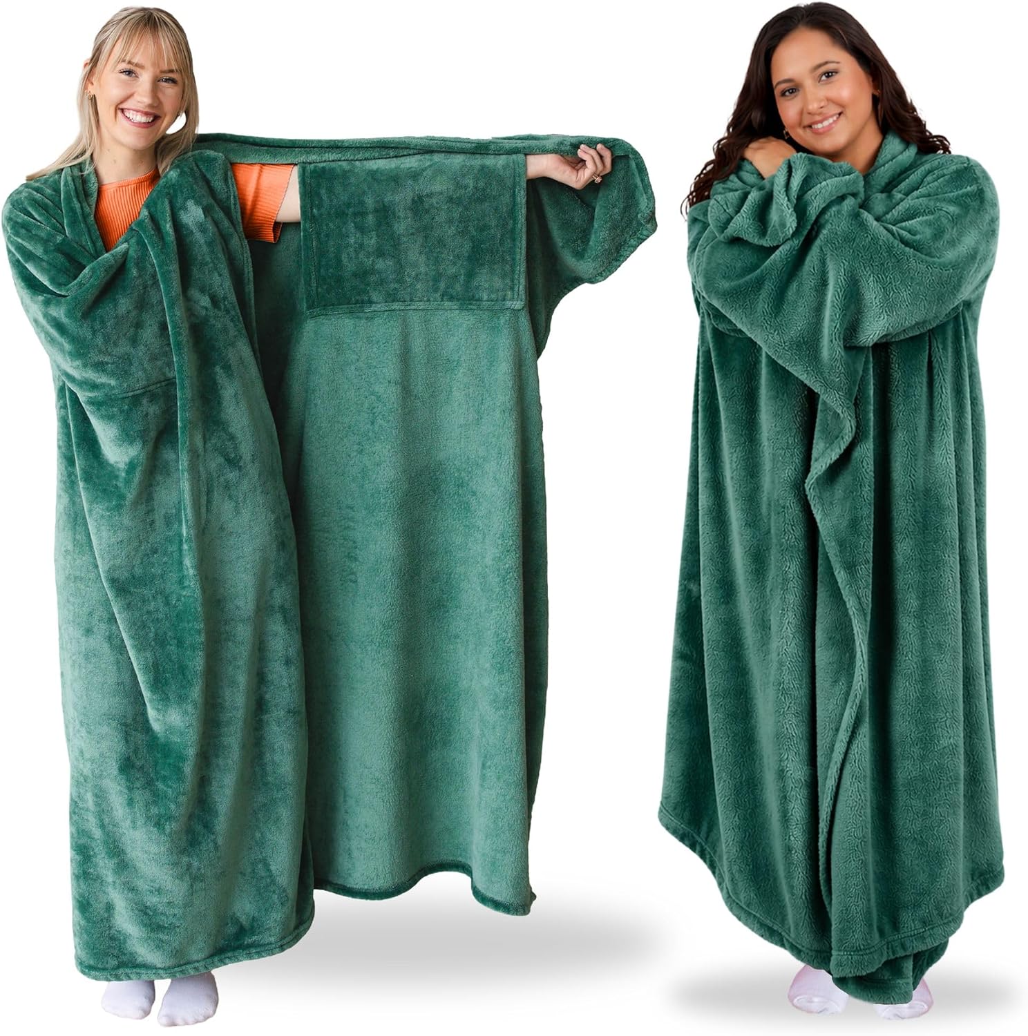 super-blanky-forest-green-wearable-blanket-for-adults-one-size-cozy-plush-throw-01 Adult wearing a Super Blanky Forest Green wearable blanket, lounging comfortably on a couch, showcasing its plush fabric and