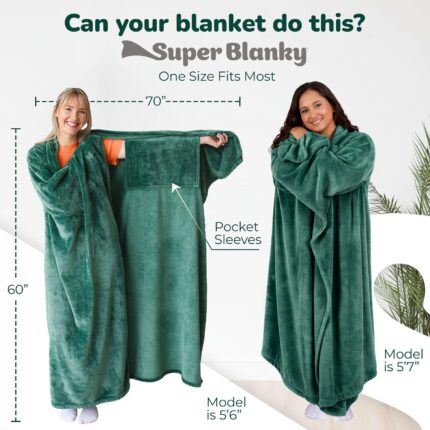 Adult wearing a Super Blanky Forest Green wearable blanket, lounging comfortably on a couch, showcasing its plush fabric and