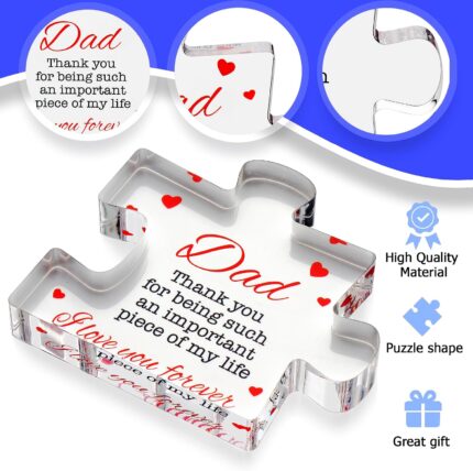Engraved acrylic puzzle block with "Dad" theme and a heartfelt message, ideal for Father's Day or birthday gifts.
