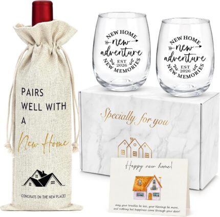 A YENCHORN housewarming gift basket featuring two round 15oz wine glasses, a wine bag, and a card inside a gift box.