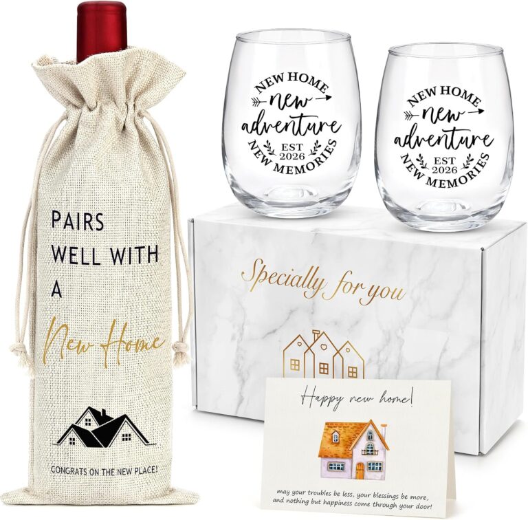 YENCHORN New Home Gift Basket: 5-Piece Housewarming Set with Two 15oz Wine Glasses