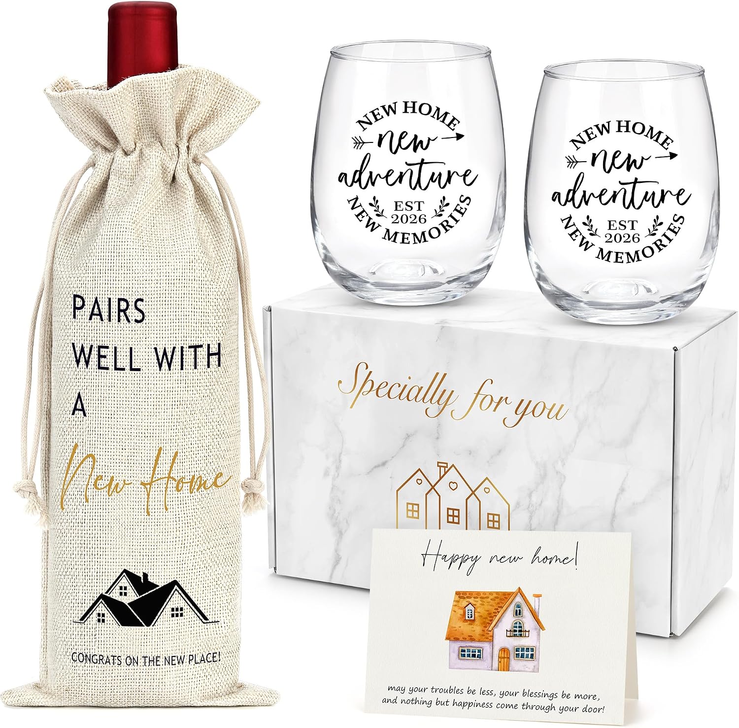 yenchorn-new-home-gift-basket-5-piece-housewarming-set-with-two-15oz-wine-glasses-01 A YENCHORN housewarming gift basket featuring two round 15oz wine glasses, a wine bag, and a card inside a gift box.