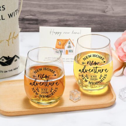 A YENCHORN housewarming gift basket featuring two round 15oz wine glasses, a wine bag, and a card inside a gift box.